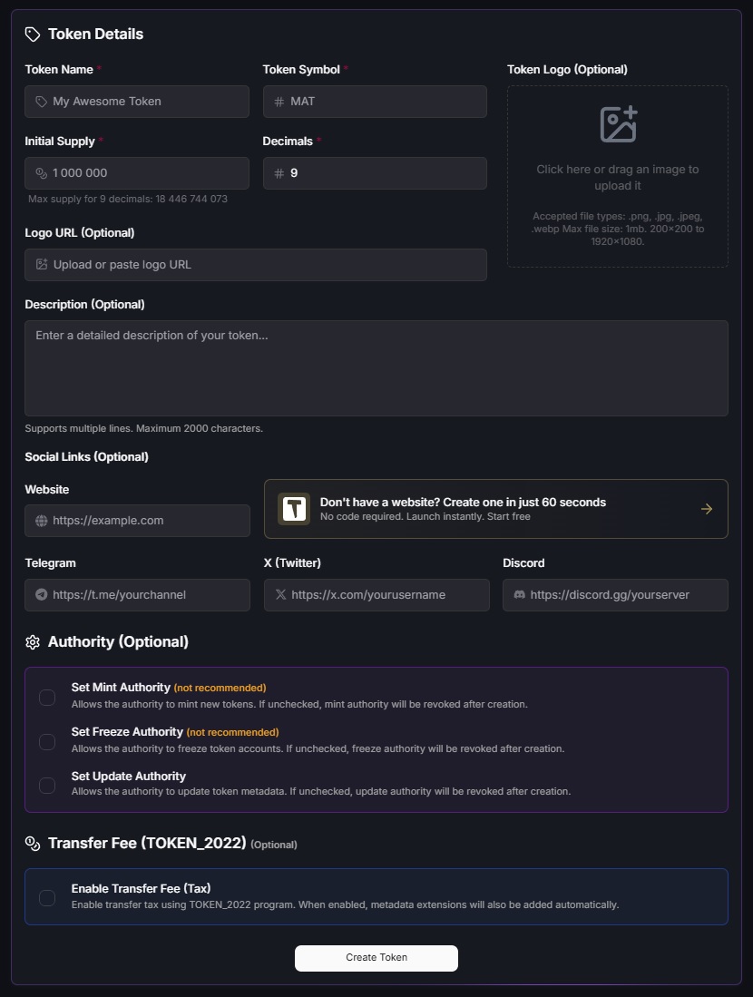 Create Token Form - Fill Token Details
