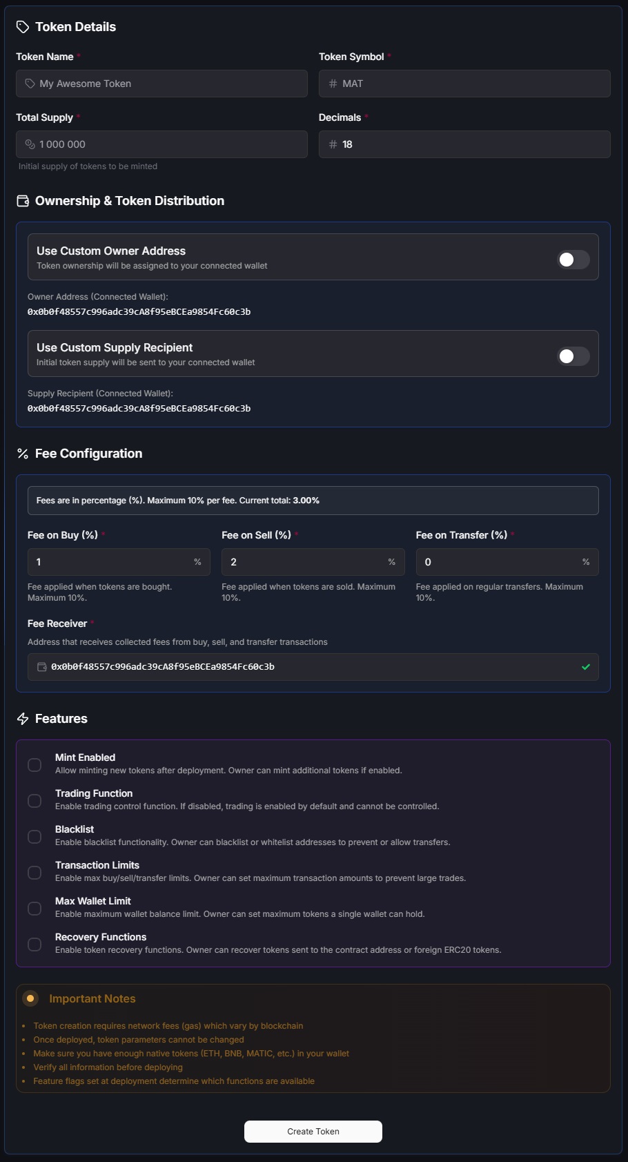 EVM Token Details - Custom Token